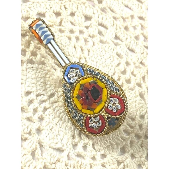 Vintage Micromosaic Lute Ukelele Brooch Pin Shell Glass Gold tone Metal - Picture 2 of 6